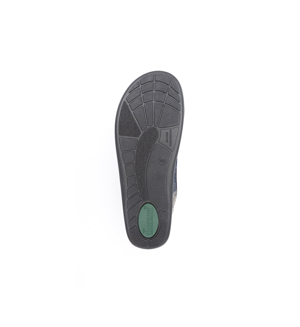 Sole of the navy and grey Amberley felt mule slipper with a broad strap, showing the tread.