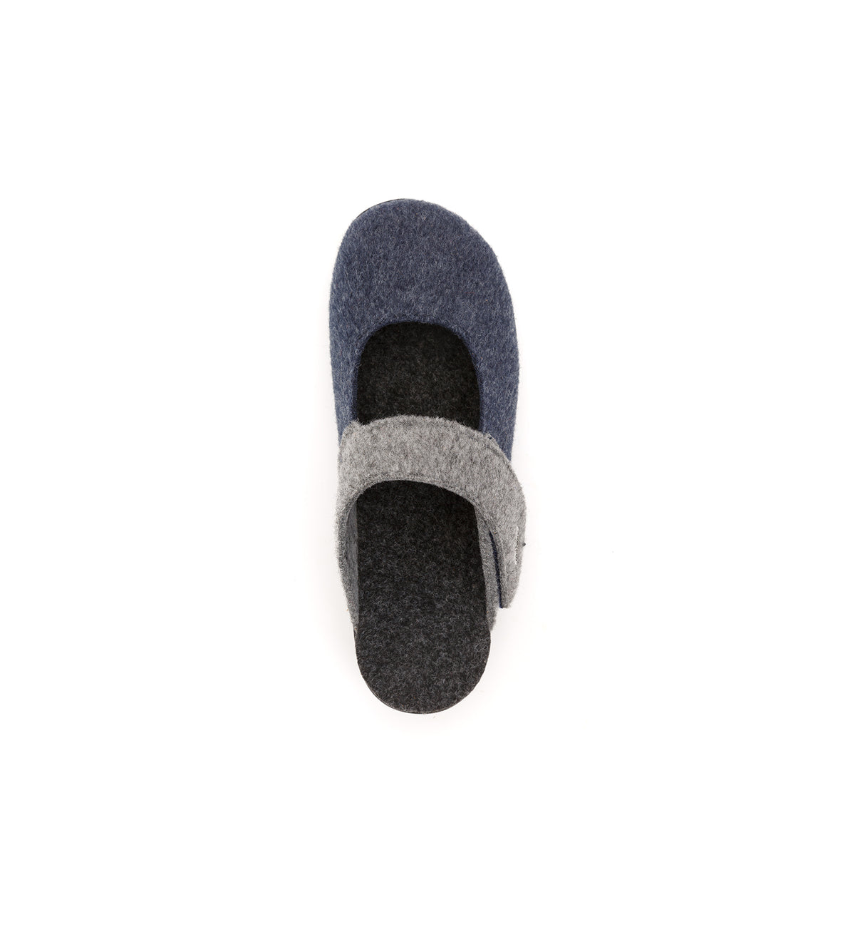 Navy and grey Amberley felt mule slipper with a broad strap, top view.