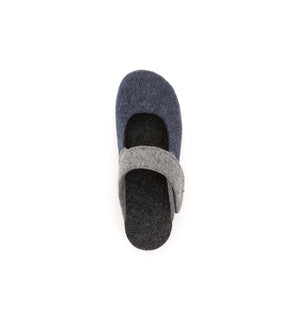 Navy and grey Amberley felt mule slipper with a broad strap, top view.