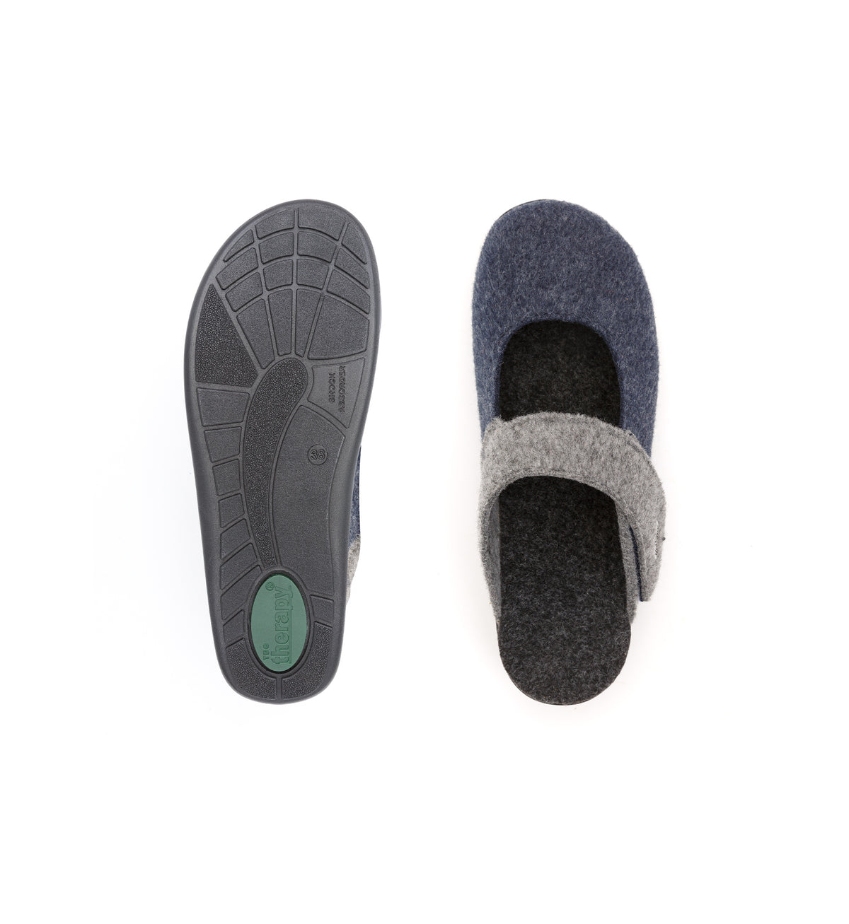 Top and sole views of the navy and grey Amberley felt mule slipper with a broad strap.