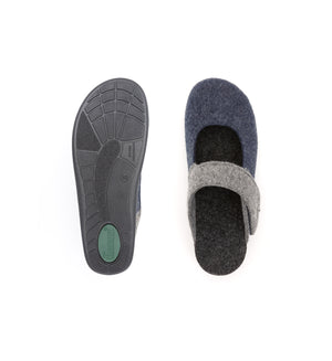 Top and sole views of the navy and grey Amberley felt mule slipper with a broad strap.