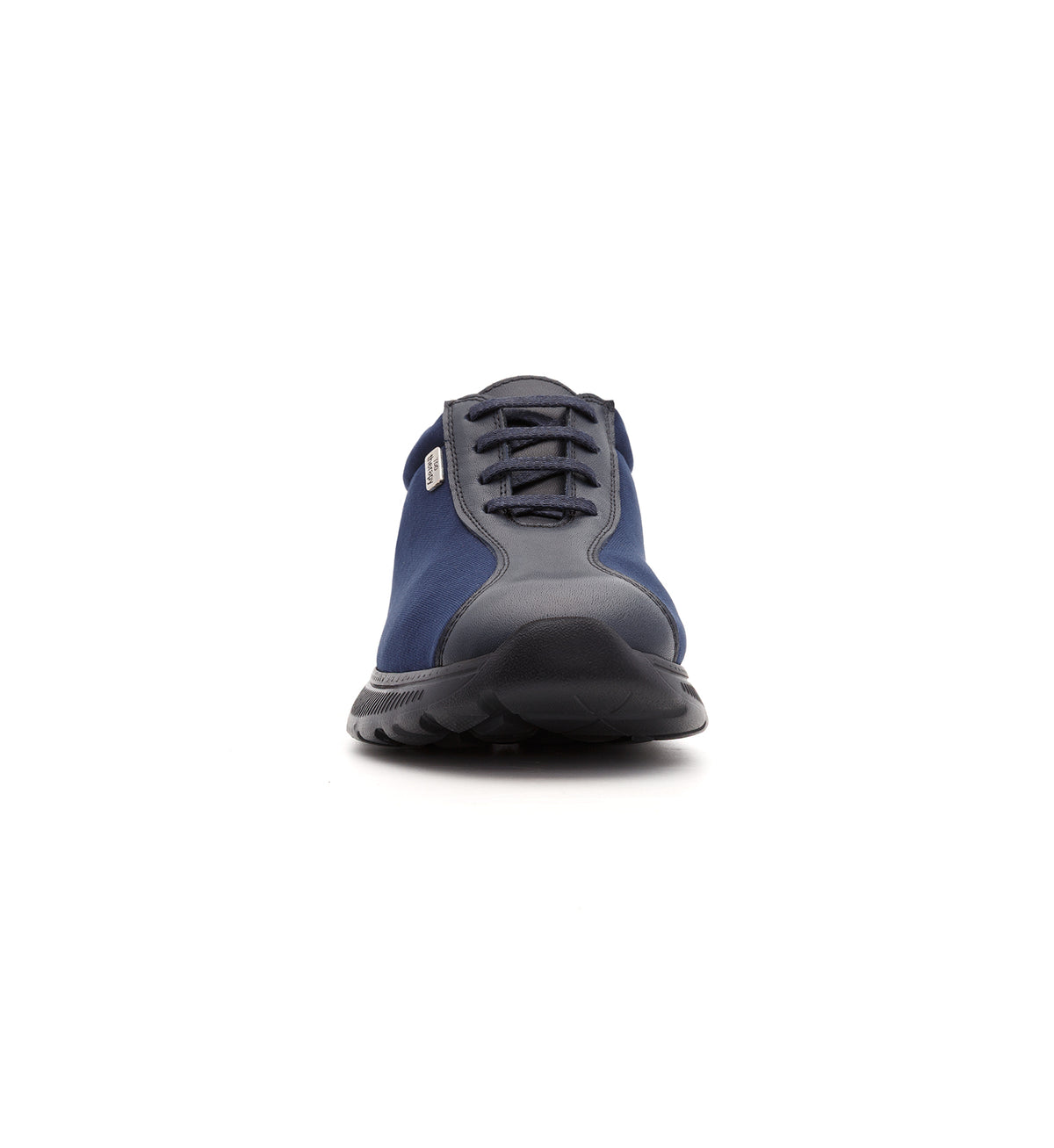 Navy 611-06-UNI lace-up shoe with side panels, front view.