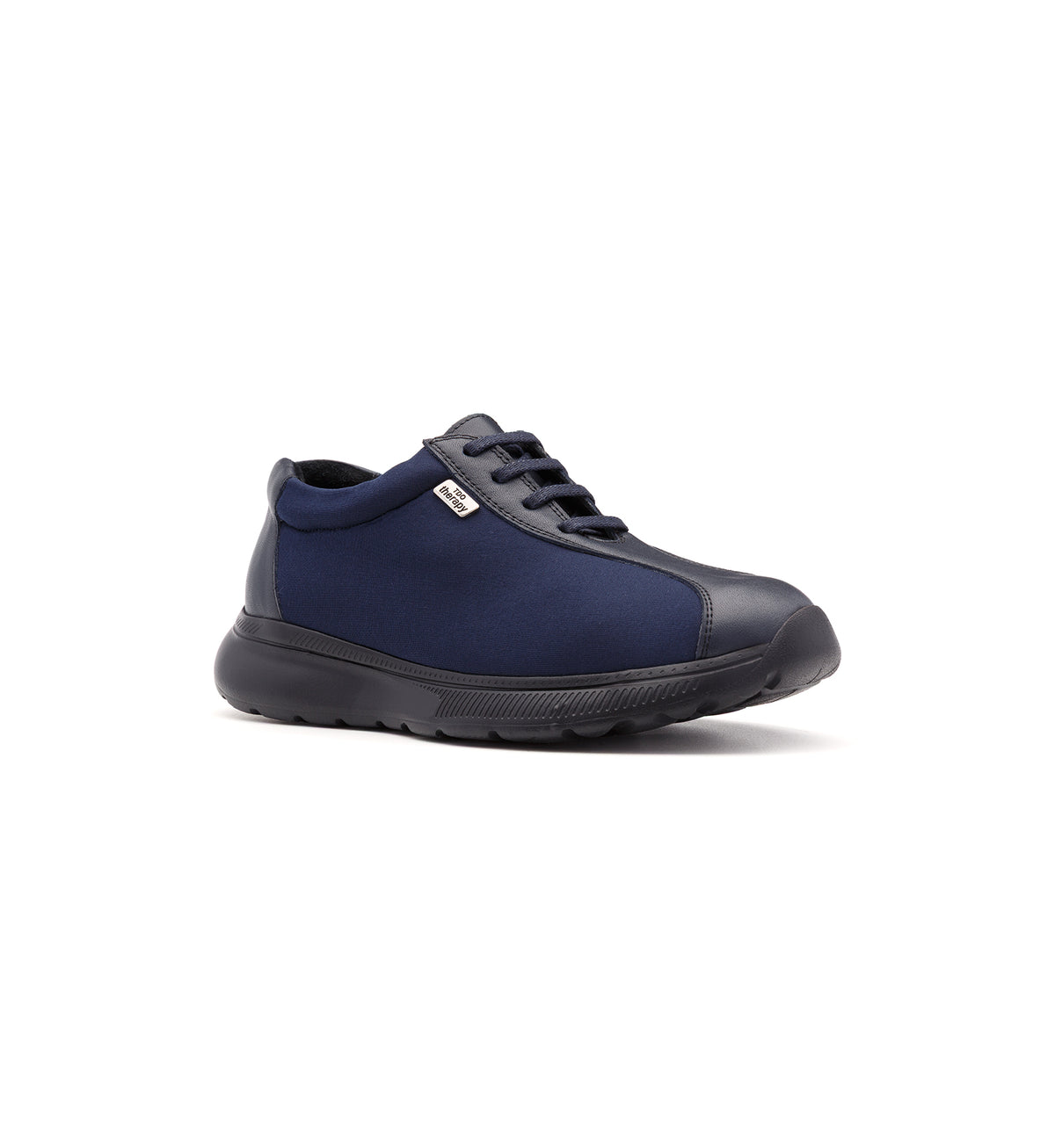 Navy 611-06-UNI lace-up shoe with side panels, viewed from the front at an angle.