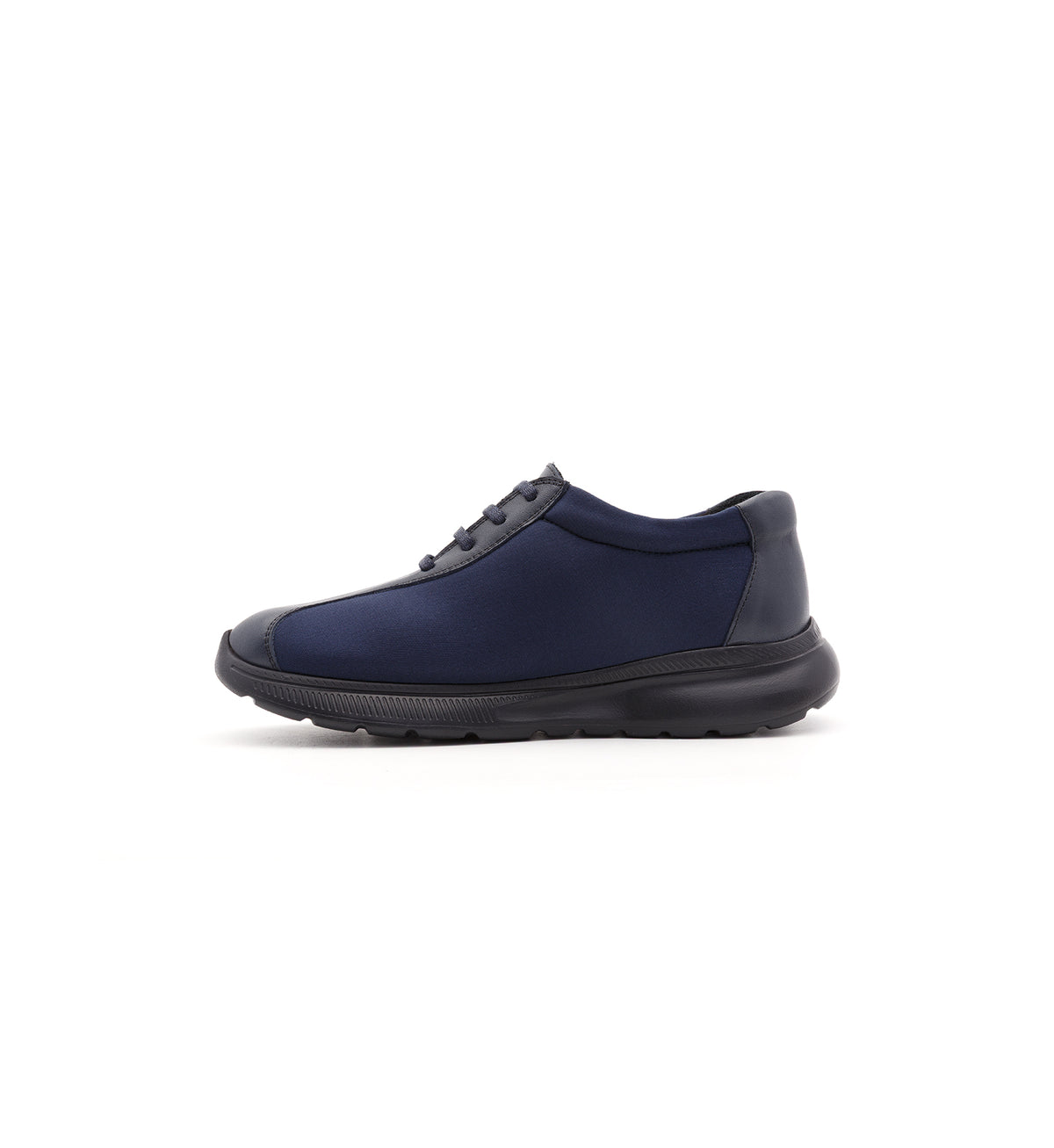 Navy 611-06-UNI lace-up shoe with side panels, inner side view.