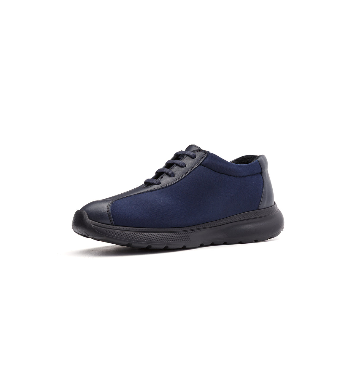 Navy 611-06-UNI lace-up shoe with side panels, viewed from the opposite front angle.