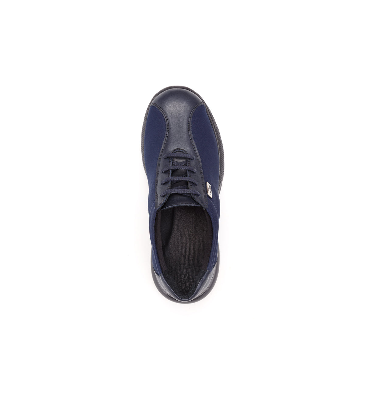 Navy 611-06-UNI lace-up shoe with side panels, top view.