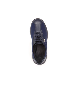 Navy 611-06-UNI lace-up shoe with side panels, top view.