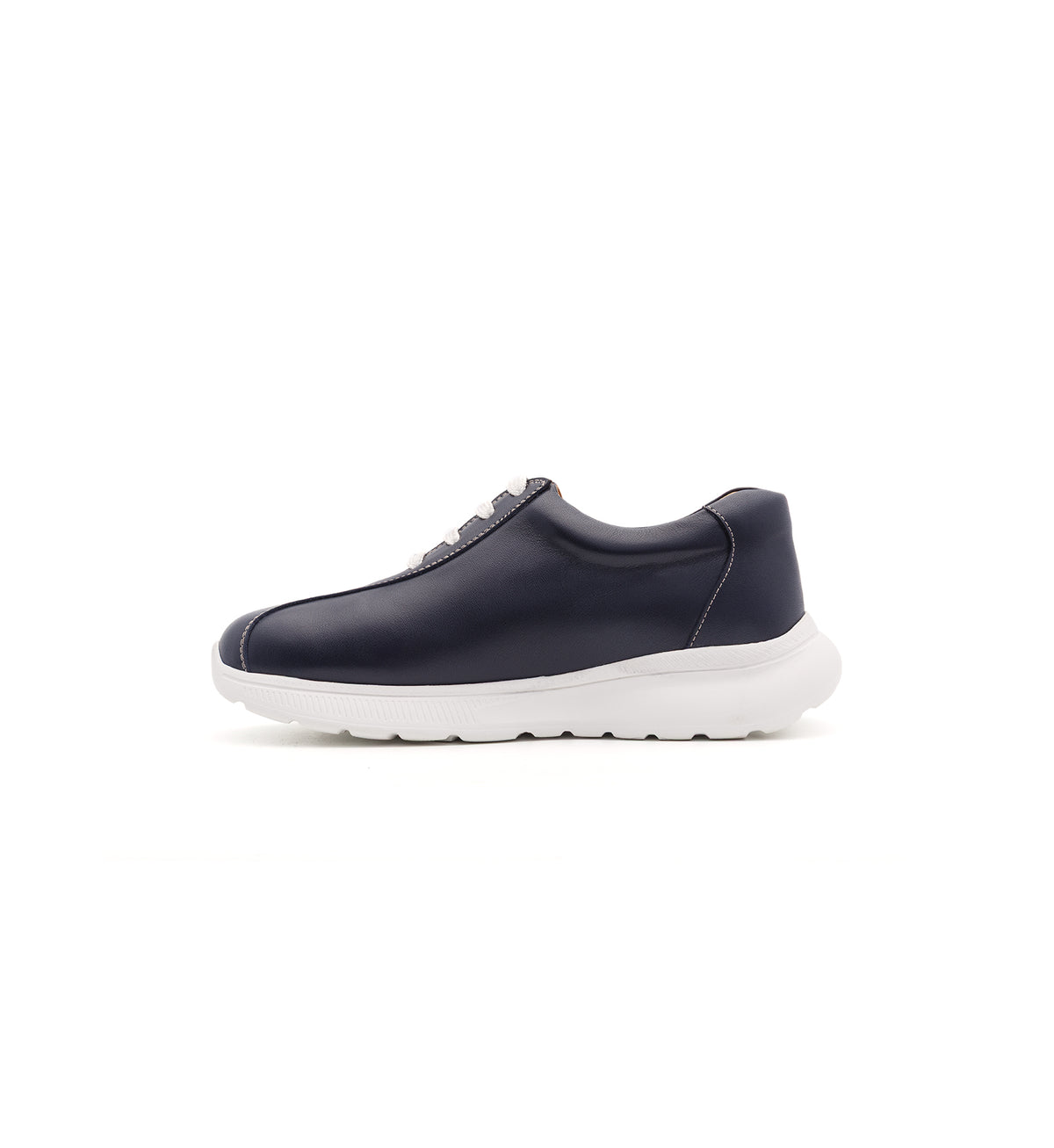Navy 611-UNI lace-up shoe with a white sole, inner side view.