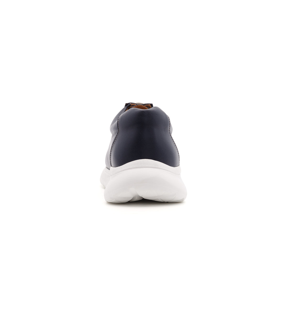 Navy 611-UNI lace-up shoe with a white sole, rear view.