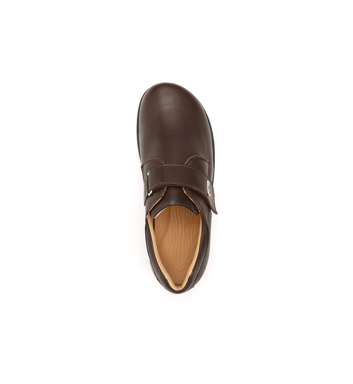 Brown 616-20-UNI shoe with a broad strap, top view.