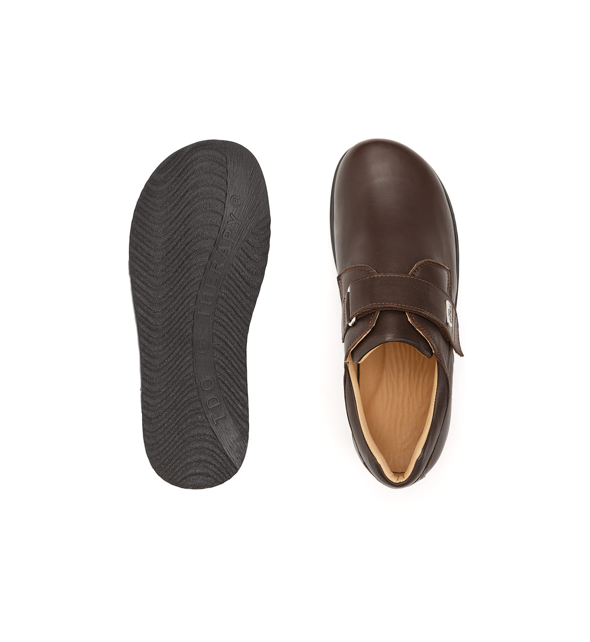 Top and sole views of the brown 616-20-UNI shoe with a broad strap.