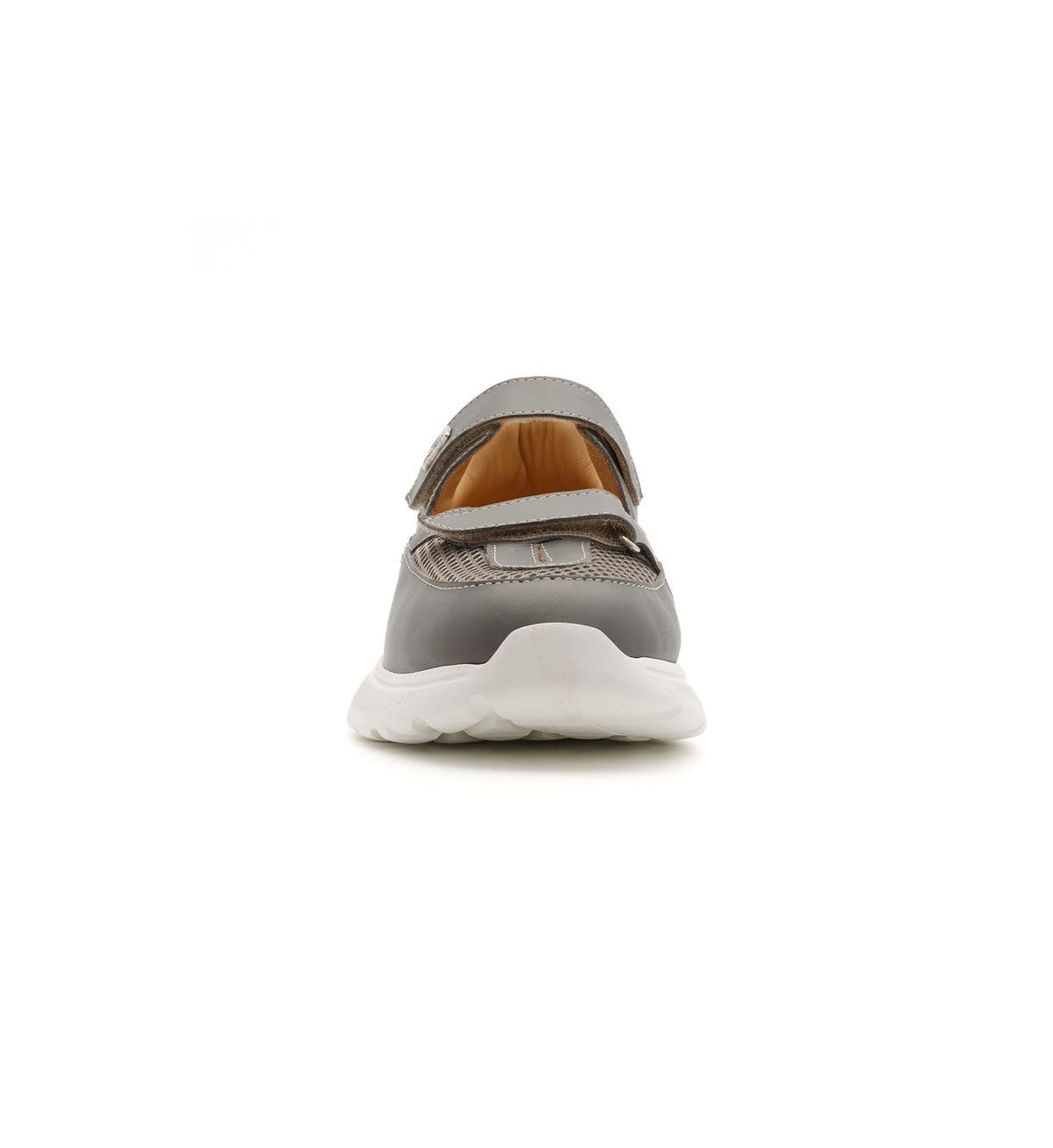 Grey 802-19-W shoe with two straps and mesh panels, front view.
