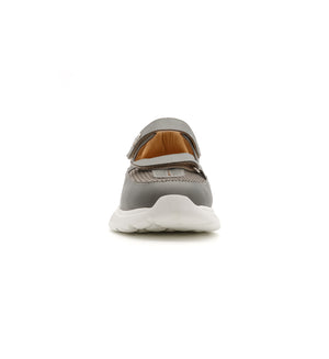 Grey 802-19-W shoe with two straps and mesh panels, front view.