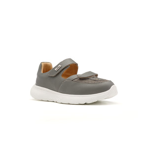 Grey 802-19-W shoe with two straps and mesh panels, viewed from the front at an angle.