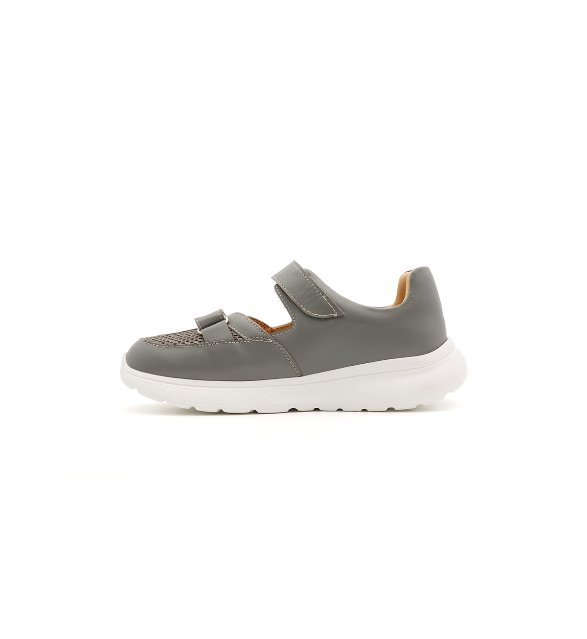 Grey 802-19-W shoe with two straps and mesh panels, inner side view.