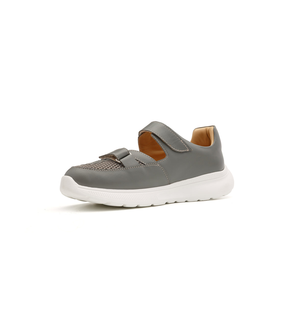 Grey 802-19-W shoe with two straps and mesh panels, viewed from the opposite front angle.