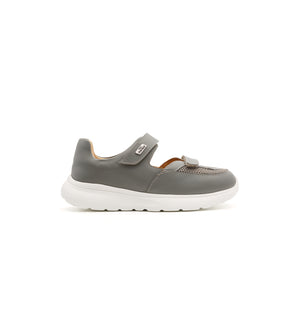 Grey 802-19-W shoe with two straps and mesh panels, outer side view.
