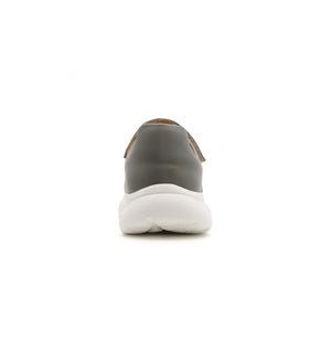 Grey 802-19-W shoe with two straps and mesh panels, rear view.