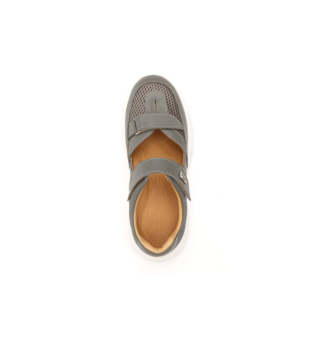 Grey 802-19-W shoe with two straps and mesh panels, top view.
