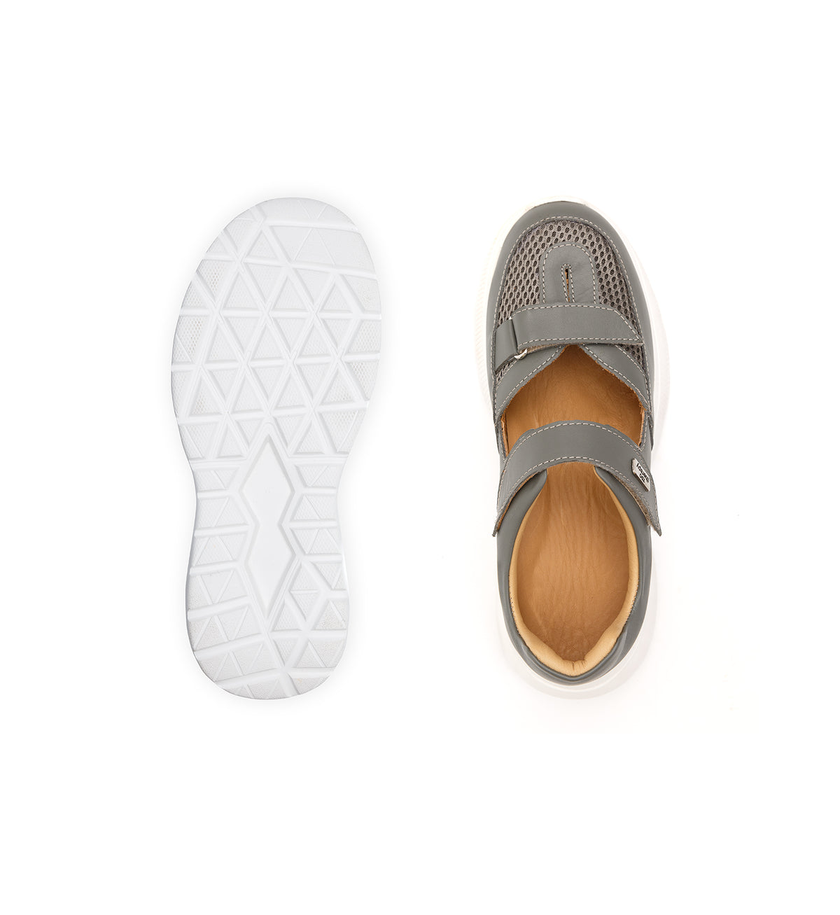 Top and sole views of the grey 802-19-W shoe with two straps and mesh panels.