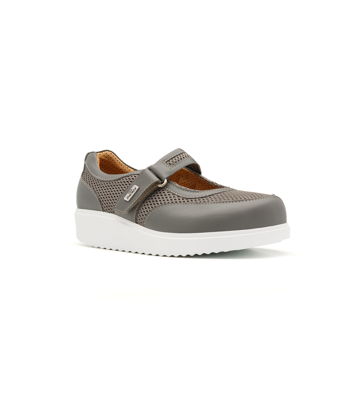 Grey 805-20-19-W mesh shoe with a broad strap, viewed from the front at an angle.