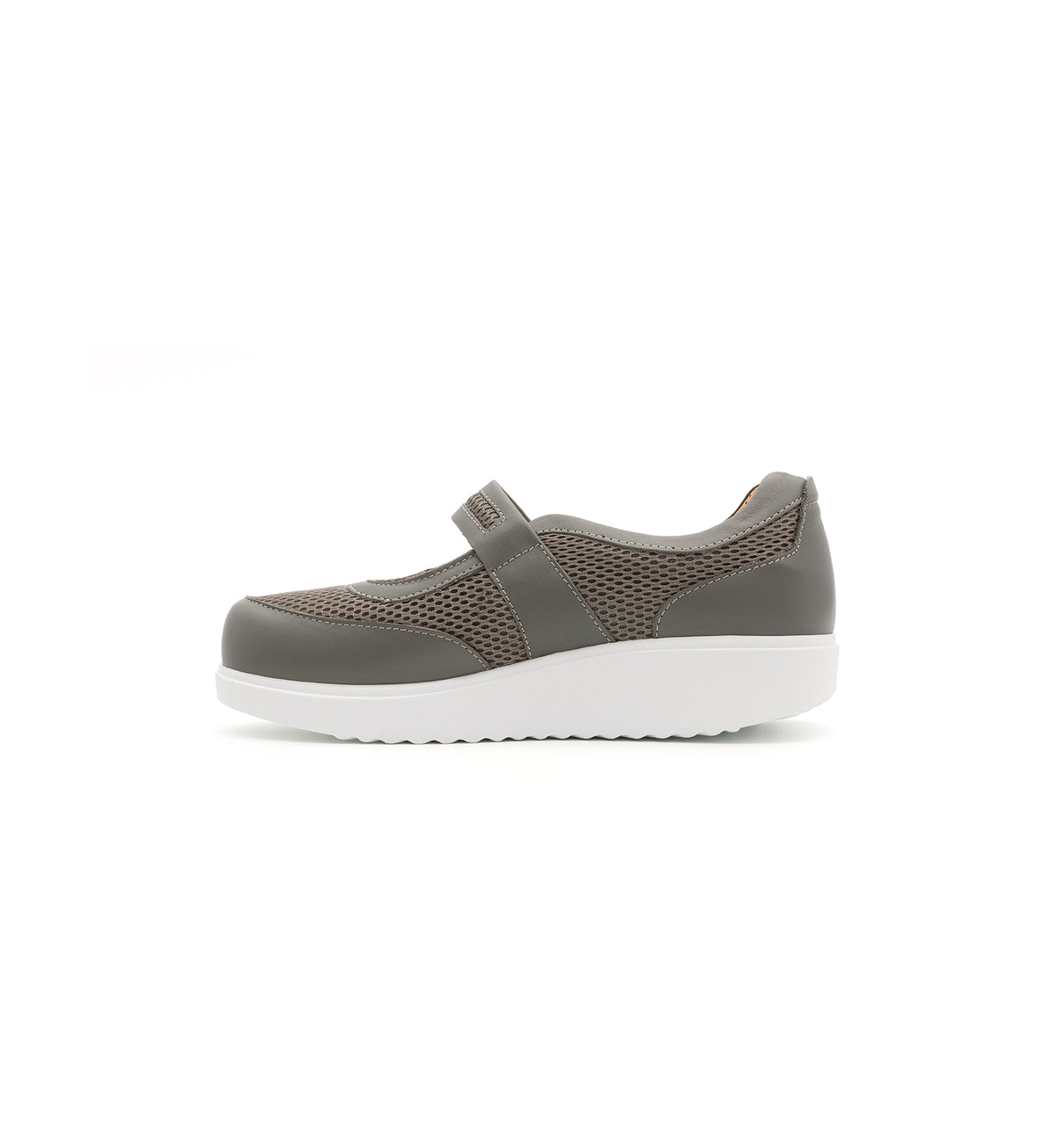 Grey 805-20-19-W mesh shoe with a broad strap, inner side view.