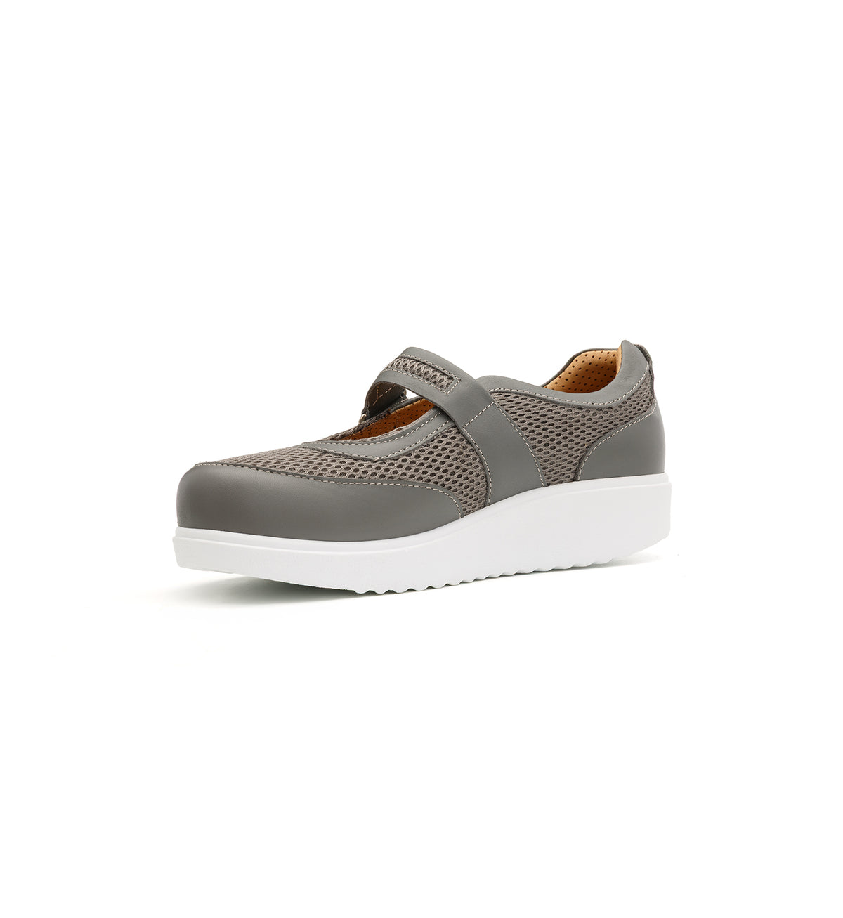 Grey 805-20-19-W mesh shoe with a broad strap, viewed from the opposite front angle.