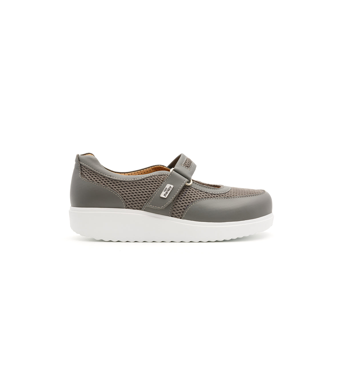 Grey 805-20-19-W mesh shoe with a broad strap, outer side view.