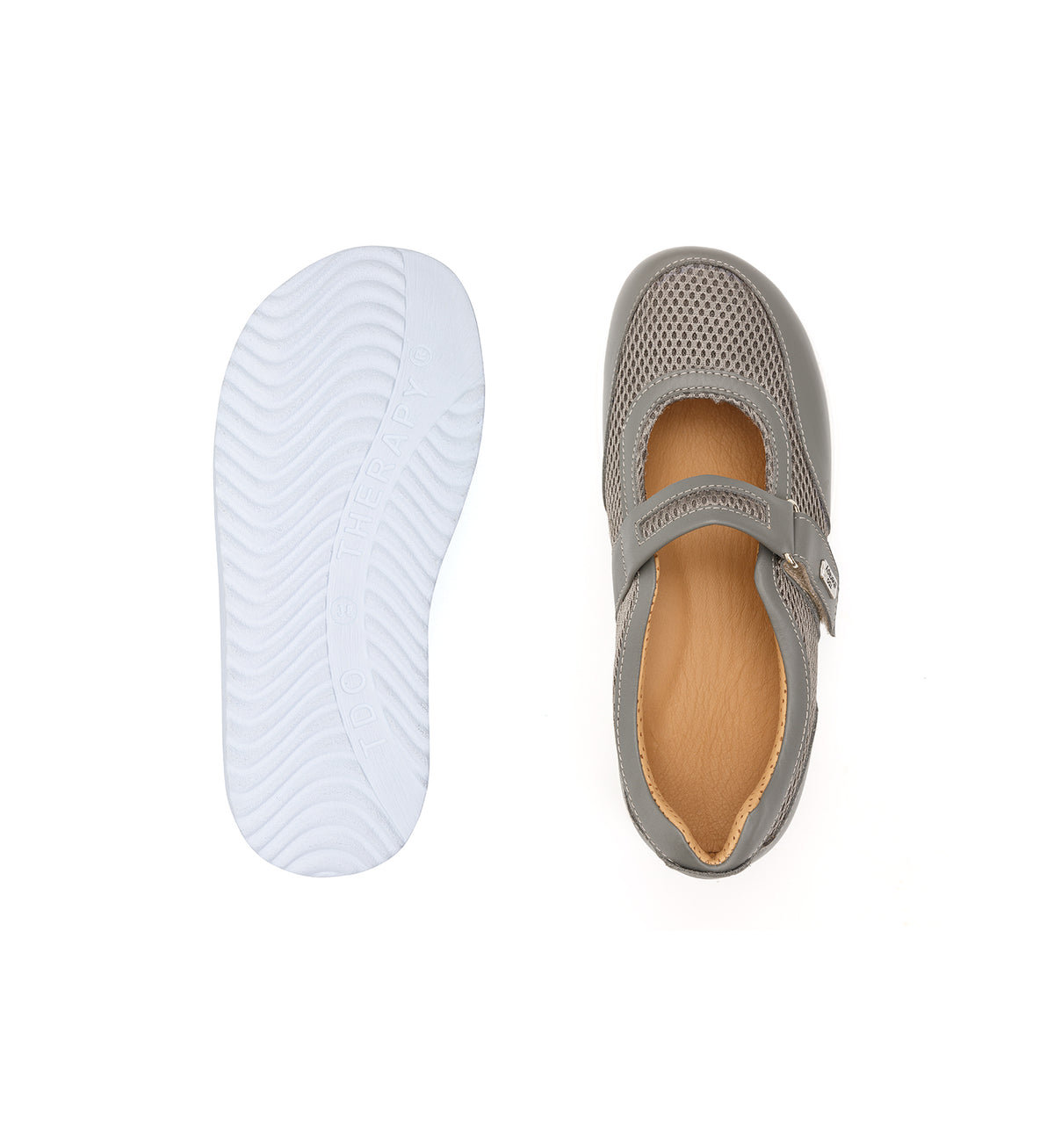 Top and sole views of the grey 805-20-19-W mesh shoe with a broad strap.