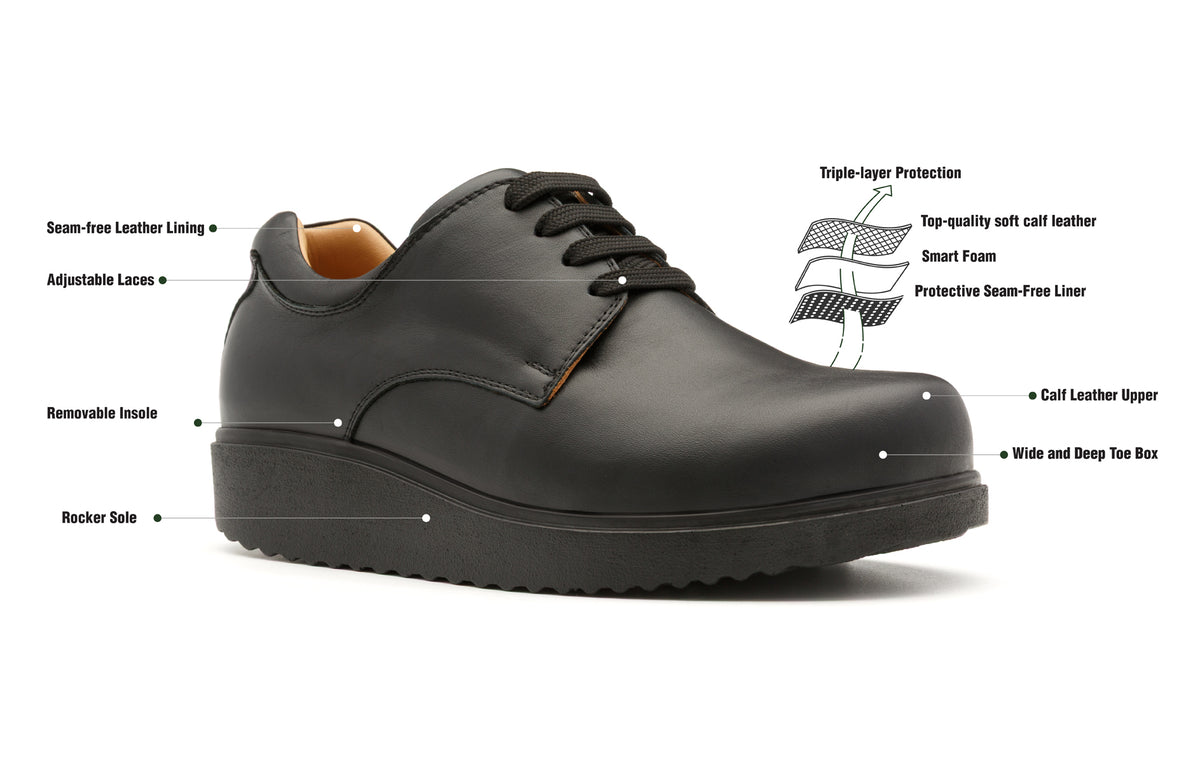 Black Ashby Lace shoe with labelled product features.