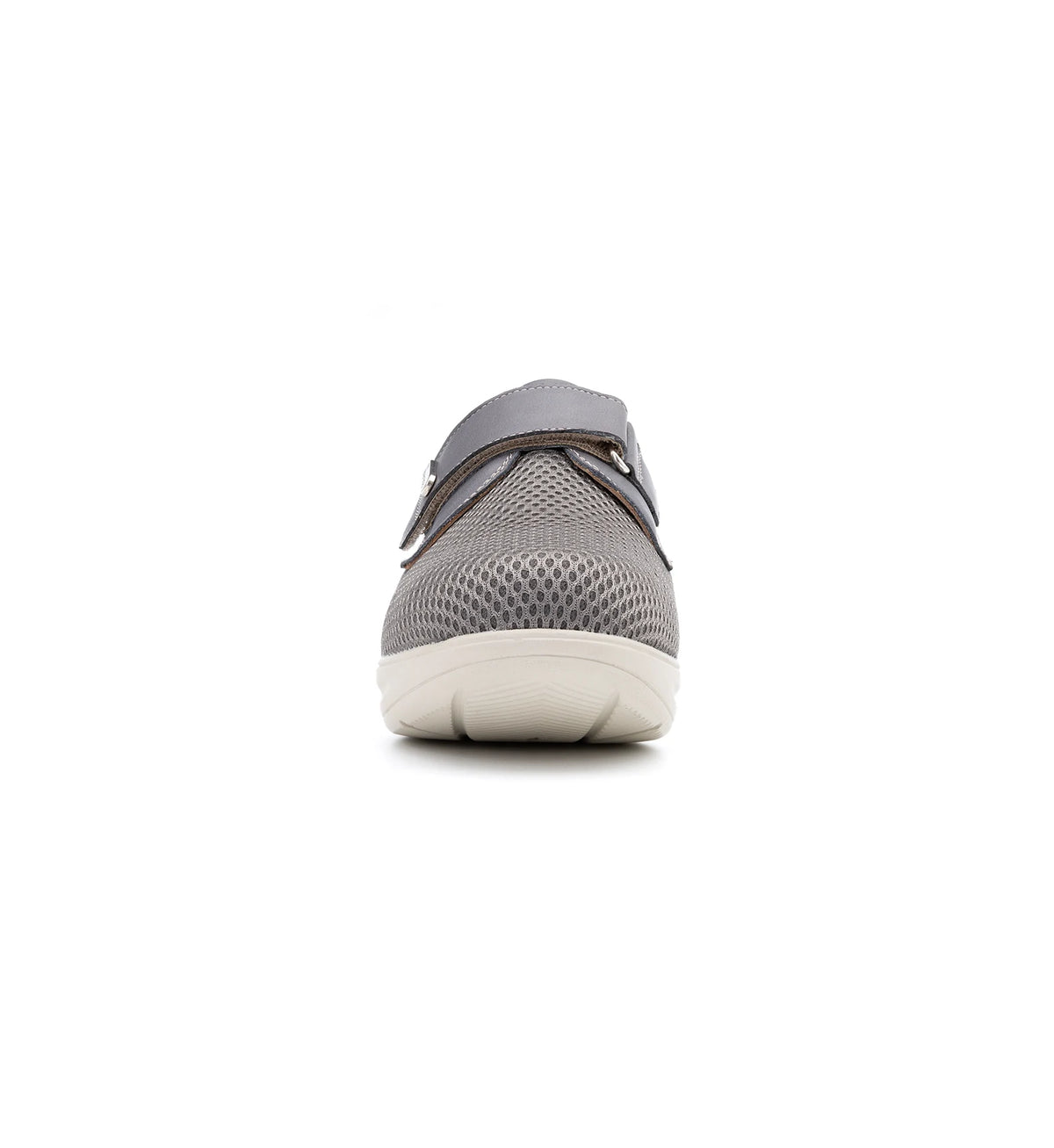 Front view of the grey Ashby Mesh shoe showing the rounded mesh toe area and single instep strap.