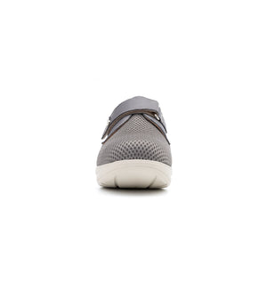 Front view of the grey Ashby Mesh shoe showing the rounded mesh toe area and single instep strap.