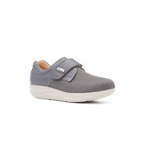 Grey Ashby Mesh men's wide fit shoe with a mesh forefoot, leather sides and adjustable hook-and-loop strap.