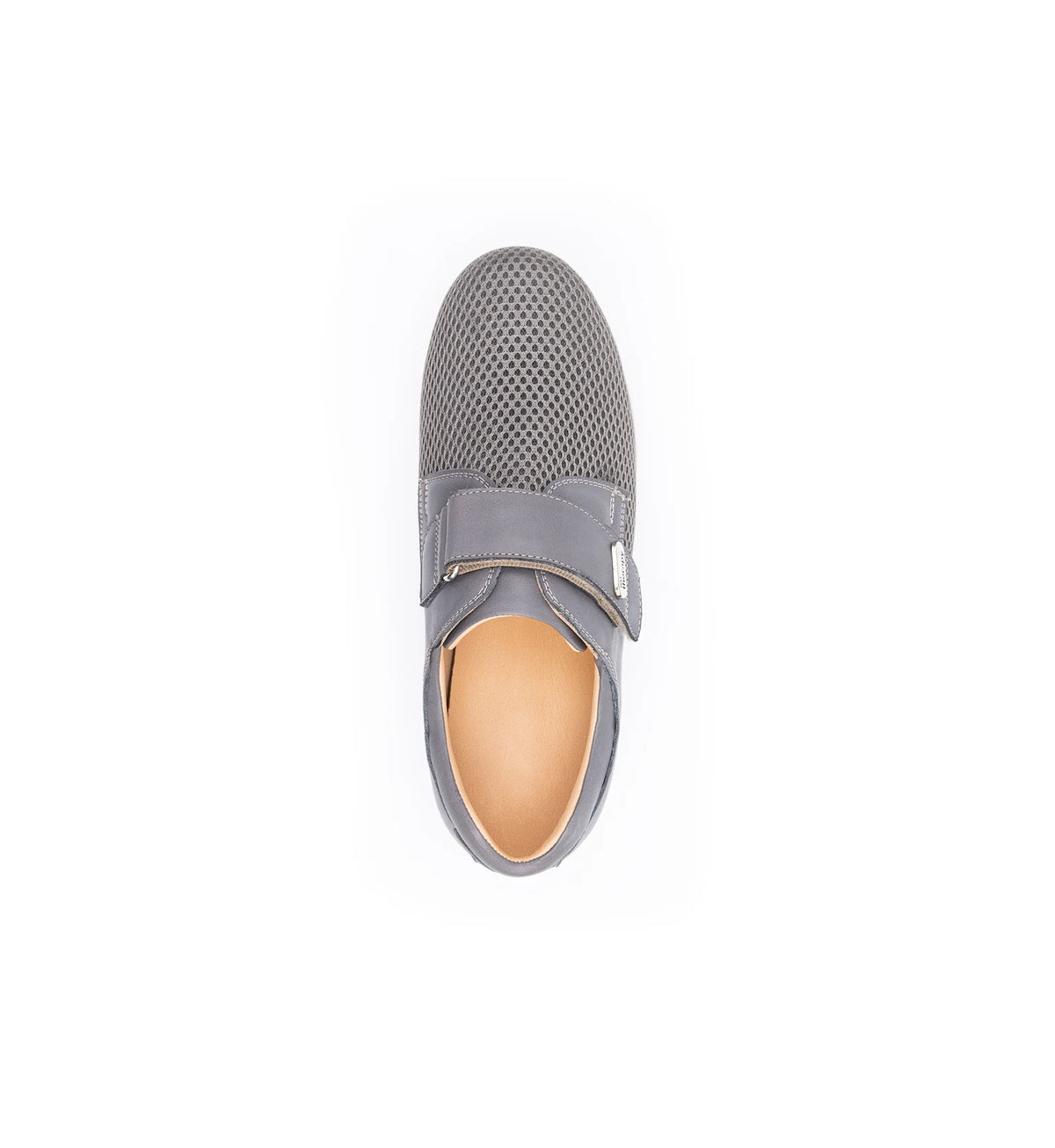 Top view of the grey Ashby Mesh men's shoe showing the adjustable strap, mesh forefoot and leather-lined opening.