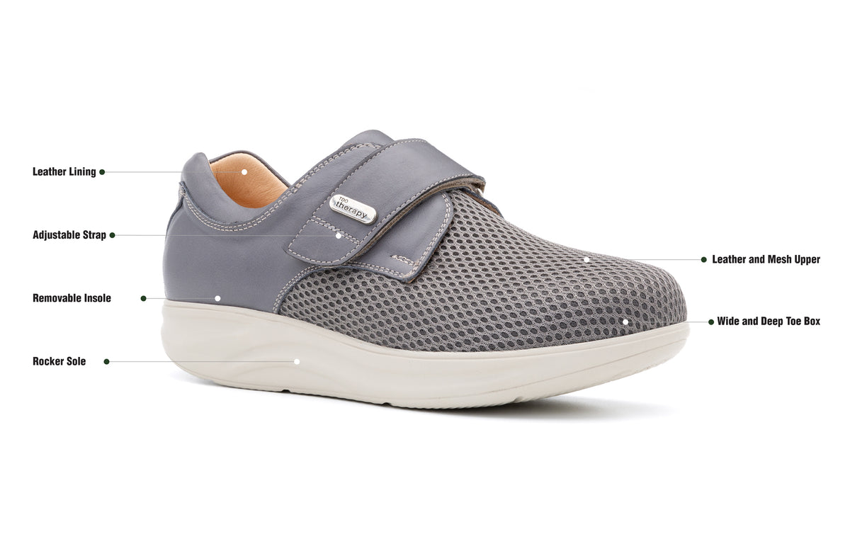Grey Ashby Mesh shoe with labelled product features.