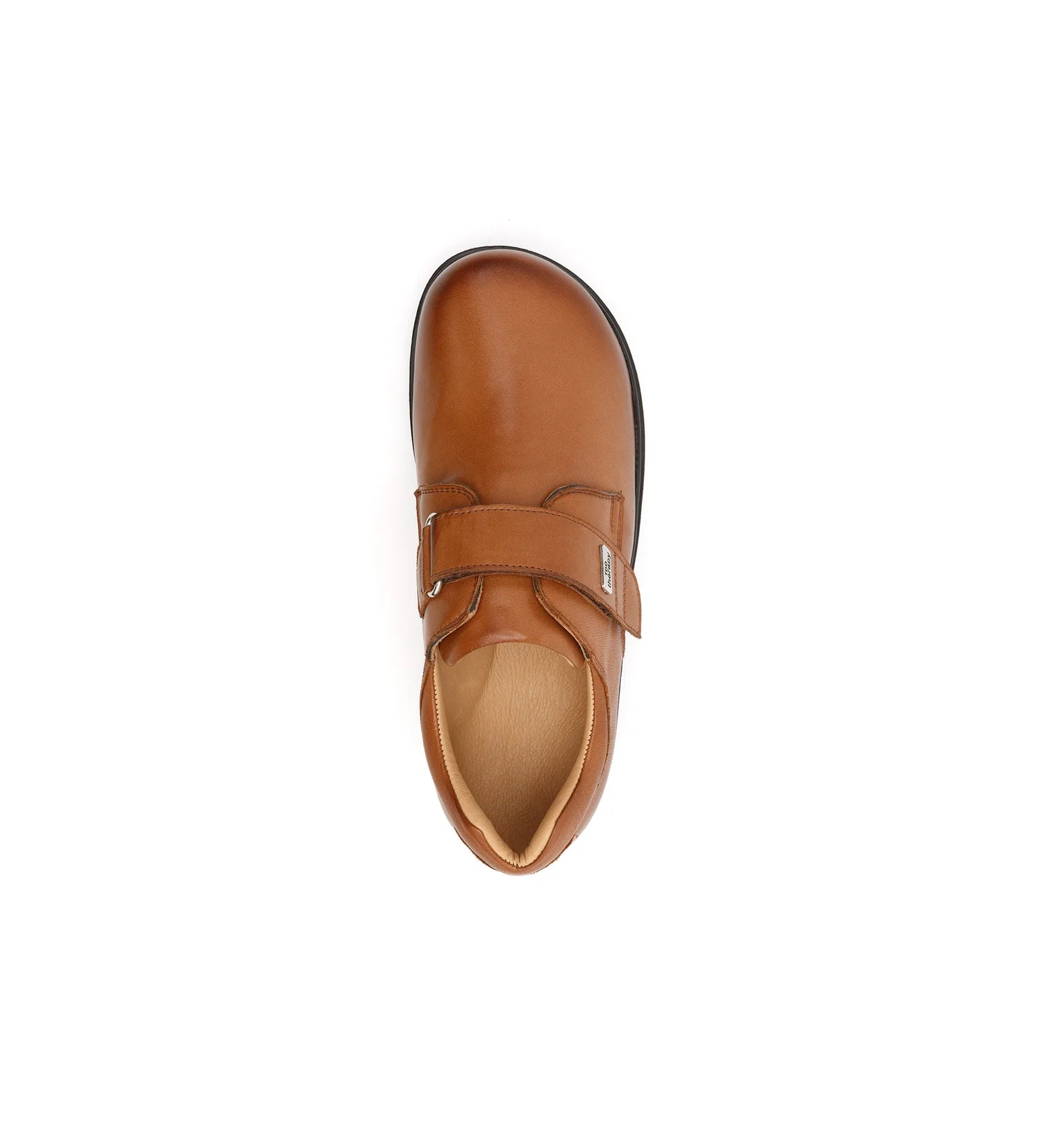 Men's tan comfort shoes with a removable insole and adjustable strap.