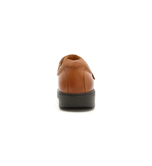 Men's tan comfort shoes featuring a supportive heel structure.