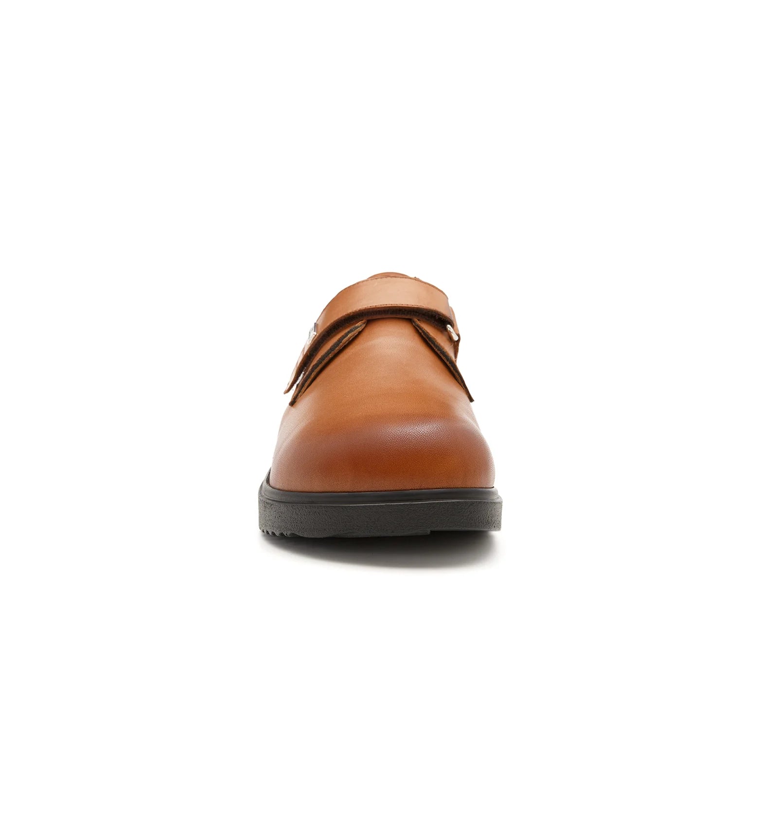 Men's tan shoes with a wide toe box and plain front design.