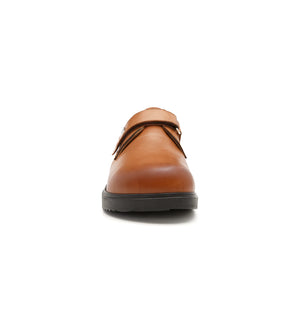 Men's tan shoes with a wide toe box and plain front design.