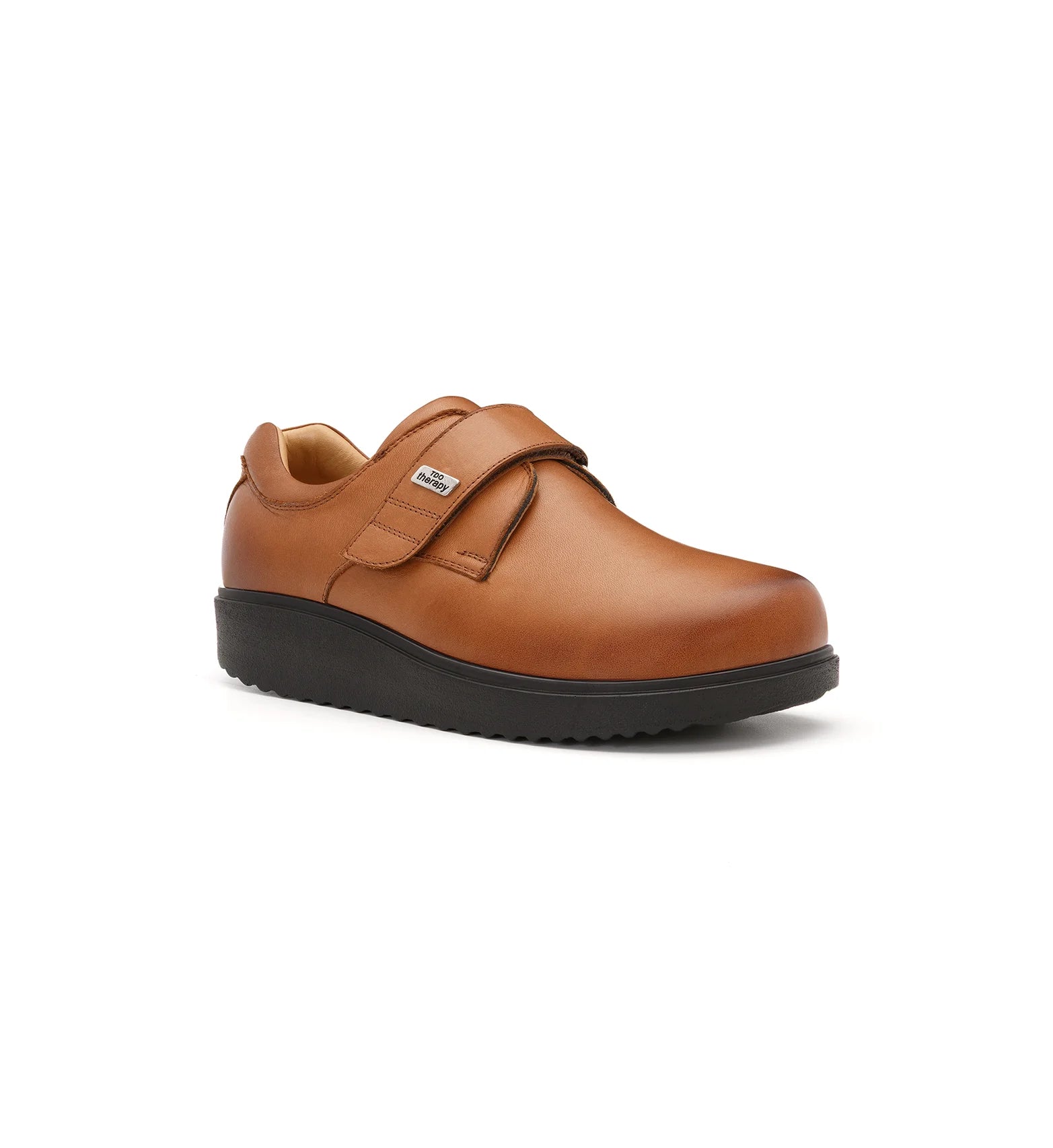 Women's tan comfort shoes with an extra roomy fit and easy touch fastening.