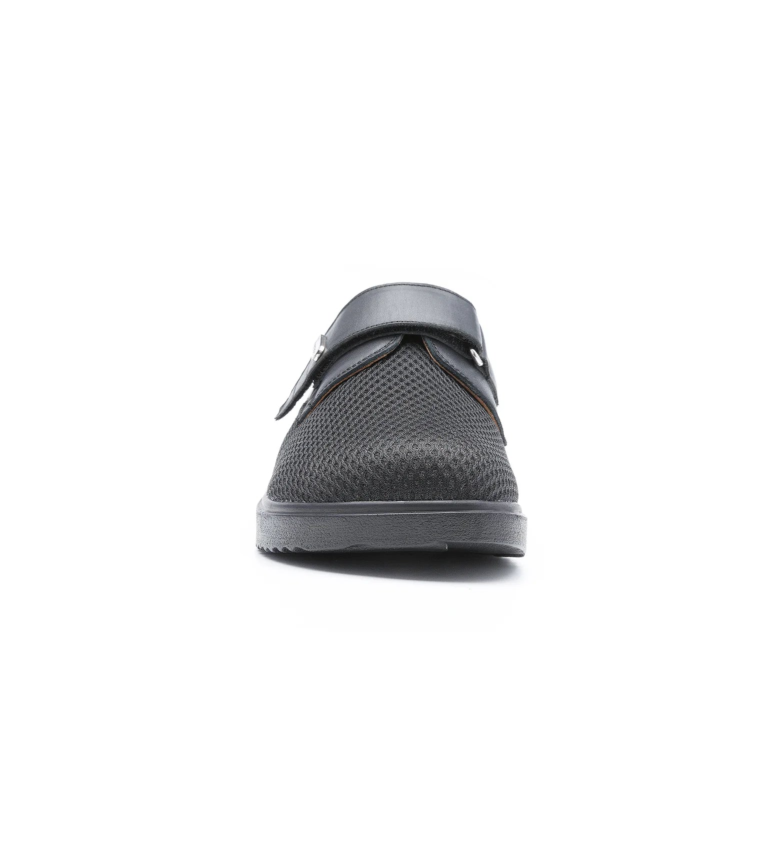 Front view of black Ashby women's extra wide mesh shoes with a roomy toe box and breathable