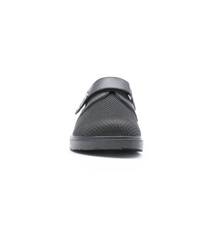 Front view of black Ashby women's extra wide mesh shoes with a roomy toe box and breathable