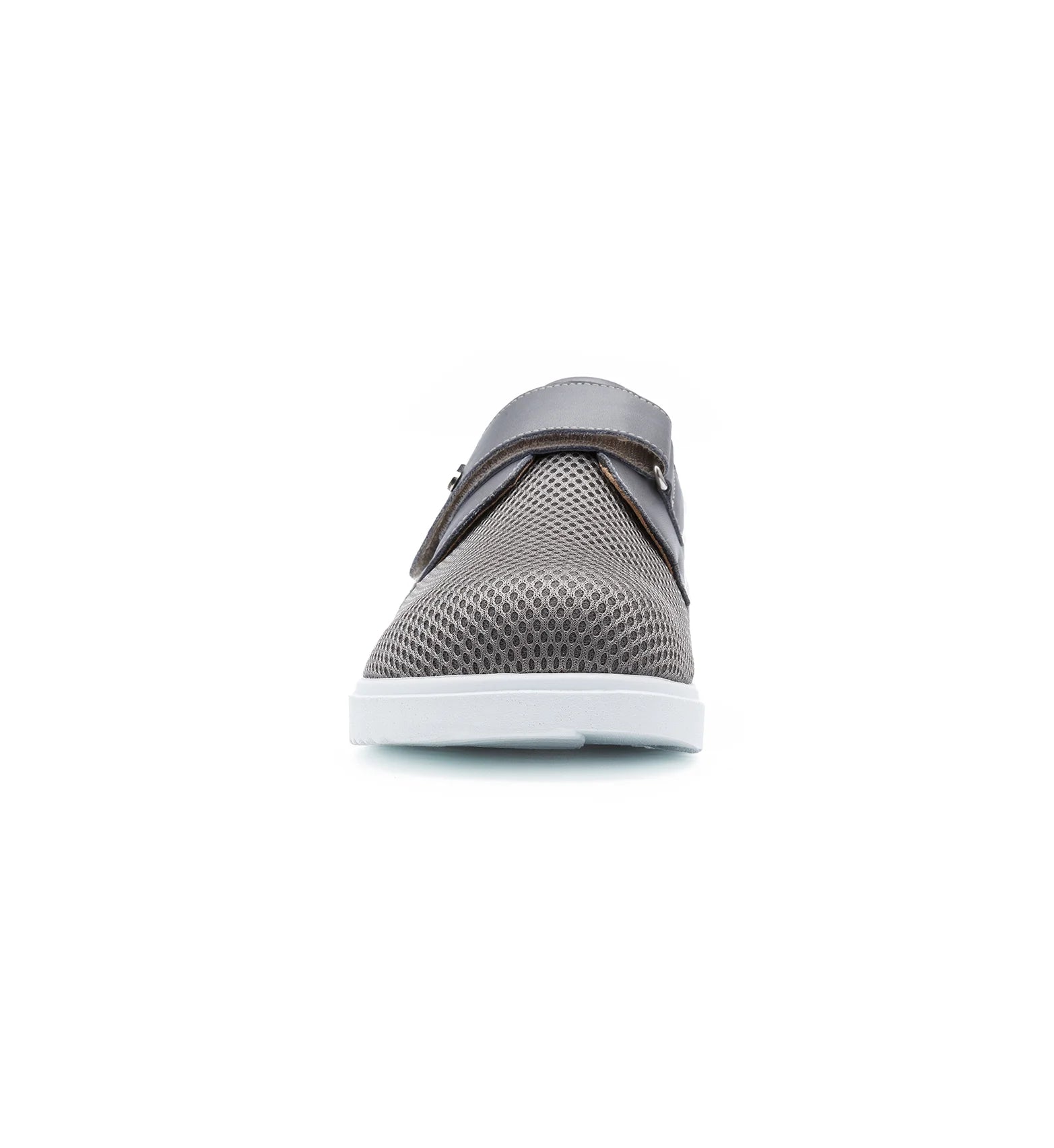 Front view of grey Ashby women's extra wide mesh shoes with a roomy toe box and breathable design
