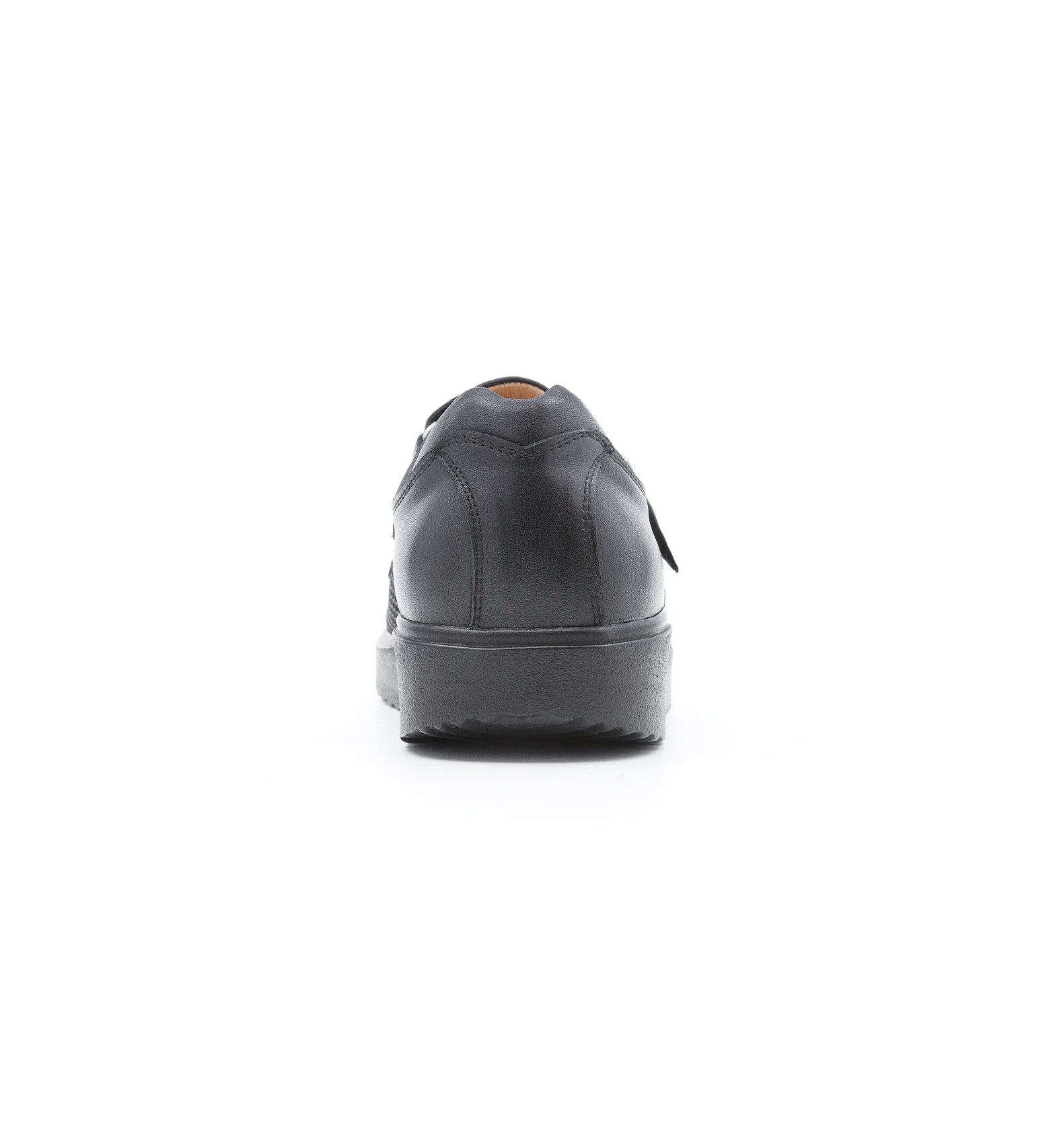 Rear view of black Ashby women's extra wide mesh shoes featuring a supportive heel counter.