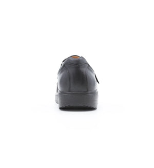Rear view of black Ashby women's extra wide mesh shoes featuring a supportive heel counter.