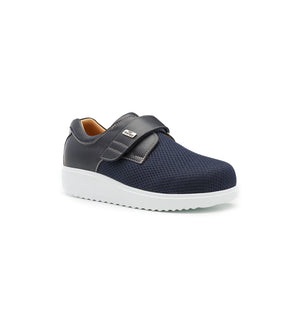 Women's navy shoes with a roomy fit and adjustable touch fastening.