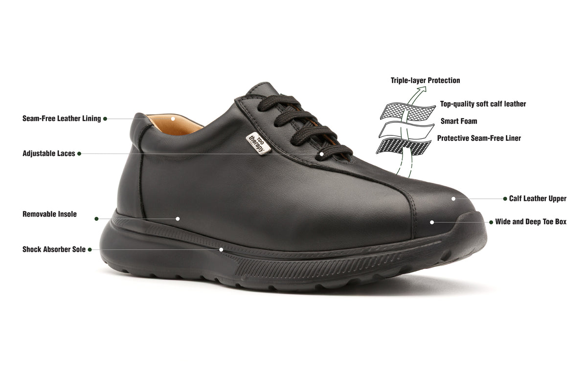 Black Barton lace-up shoe with labelled product features.