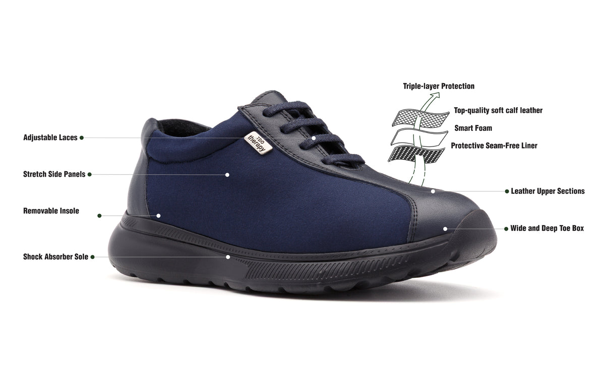 Navy Barton Stretch lace-up shoe with labelled product features.