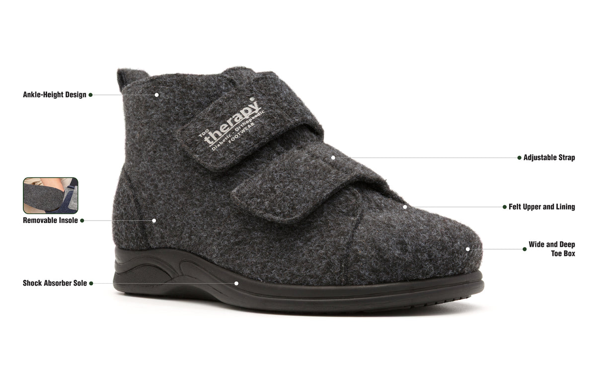 Anthracite Burley felt slipper boot with labelled product features.