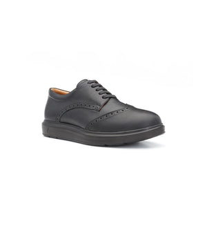 Charles men’s black leather 4E wide and deep lace-up shoes, three-quarter view.